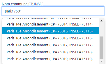 Exemple saisie Nom commune CP INSEE